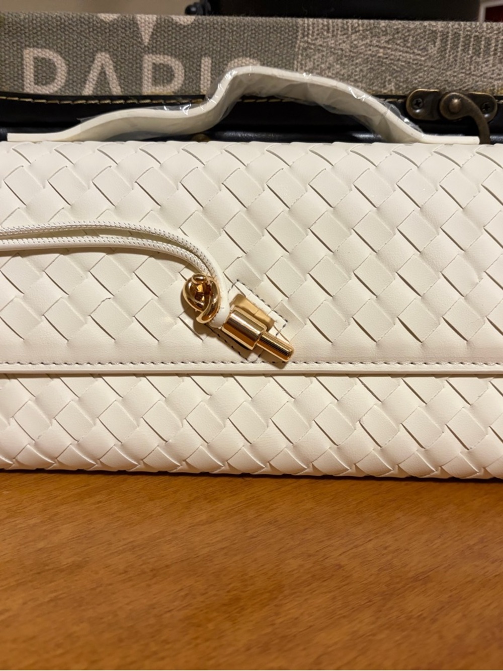 Woven Leather Top-Handle Clutch in Cream with Gold Hardware